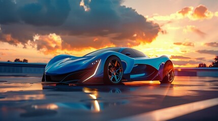 Futuristic blue concept sports car showcasing a sleek design and aerodynamics at sunset.