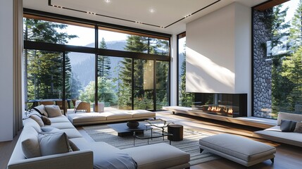 Luxurious mountain home living room with a modern fireplace large windows - obrazy, fototapety, plakaty