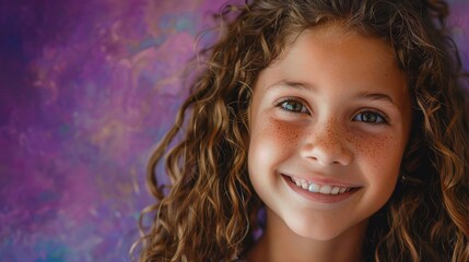 Portrait of a radiant young girl with curly hair and a wide smile against a purple background.