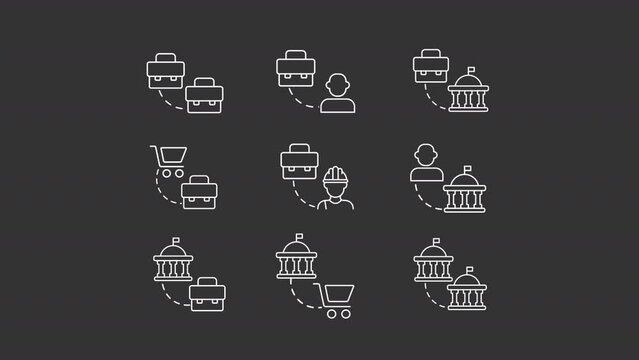 Ecommerce types animation library. Business models animated white line icons. Digital economy regulation. Isolated illustrations on dark background. Transition alpha. HD video. Icon pack