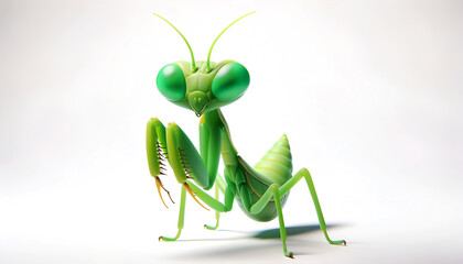 Cartoon praying mantis illustration in 3D render, Praying mantis with bright green body in 3D, Bright green praying mantis in 3D render - obrazy, fototapety, plakaty