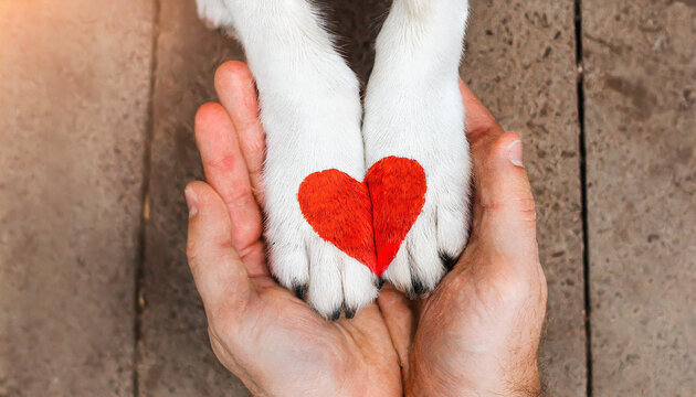 Dog paws with a spot in the form of heart and human hand close up, top view. Conceptual image of friendship, trust, love, the help between the person and a dog