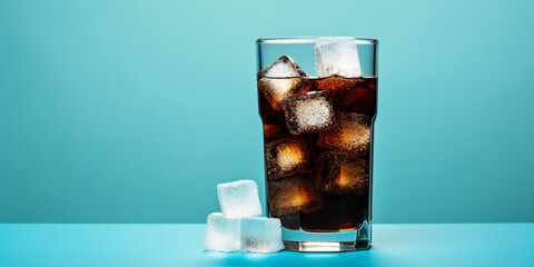 a glass of coke full of sugar and some cubes isolated on a light blue backround сreated with Generative Ai