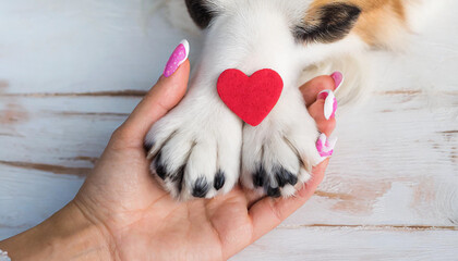 Dog paws with a spot in the form of heart and human hand close up, top view. Conceptual image of...