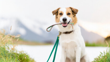 Dog sitting concept with happy active dog holding pet leash in mouth ready to go for walk - obrazy, fototapety, plakaty