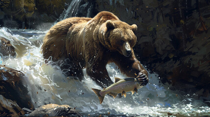 Mighty grizzly bear catching salmon in a roaring river. - obrazy, fototapety, plakaty