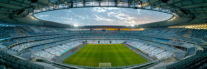 Empty soccer stadium at dusk, anticipation of the match, sports and architecture - obrazy, fototapety, plakaty