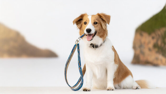 Dog sitting concept with happy active dog holding pet leash in mouth ready to go for walk
