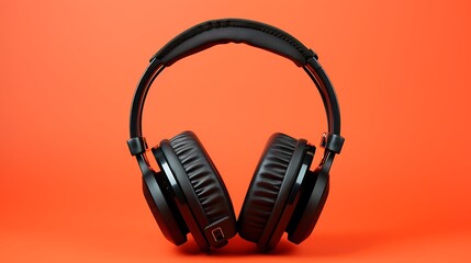 Fototapeta na wymiar pair of black wireless full size headphones upside down on an orange background