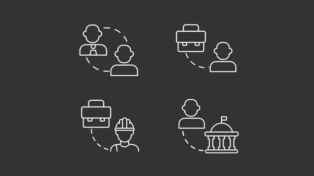 Business models animation library. B2B ecommerce animated white line icons. Digital economy, government employee. Isolated illustrations on dark background. Transition alpha. HD video. Icon pack