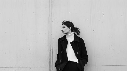 Minimalist fashion with a monochrome outfit on a confident model.