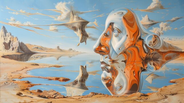 A surreal painting of a man's face with orange and blue colors, AI