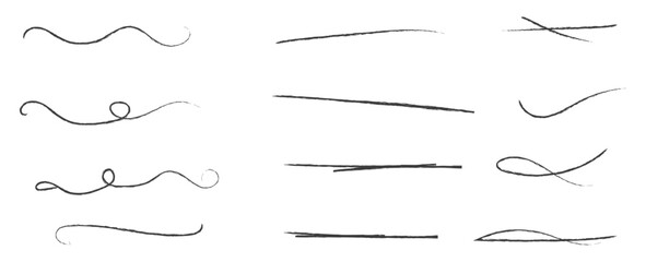 Brush strokes, black ink lines, vector abstract set with paint brush grunge texture on transparent background. Paintbrush strokes and ink smear stains. doodle underlines. vector illustration