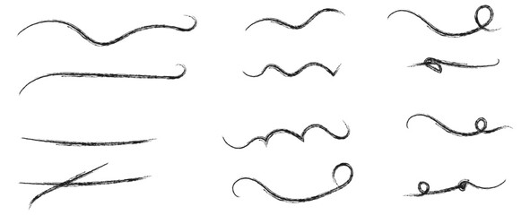 Brush strokes, black ink lines, vector abstract set with paint brush grunge texture on transparent background. Paintbrush strokes and ink smear stains. doodle underlines. vector illustration