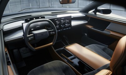 A modern car dashboard, characterized by clean lines and a minimalist aesthetic