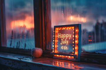 A lightbox sitting on a windowsill, the message "Happy July 4th" illuminated against the twilight