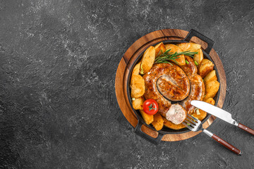 Potatoes with sausages fried, a hearty high-calorie dinner