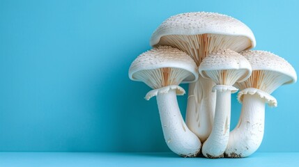 Trumpet mushroom pleurotus eryngii on soft pastel background for an elegant and charming composition - obrazy, fototapety, plakaty