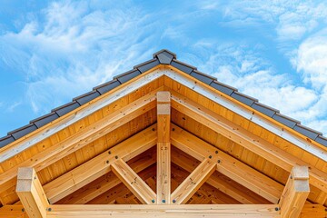 Obraz premium Close-up of roof gables. built house for construction and blue sky. New roof construction with timber truss, post and beam frame. generative ai