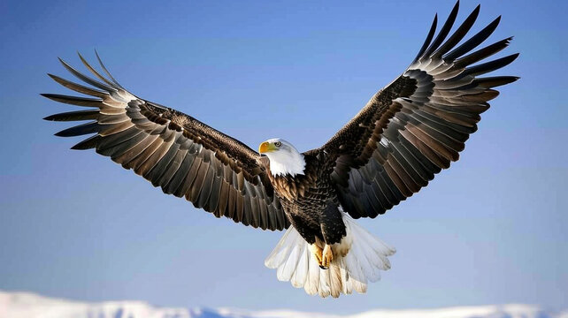 Noble bald eagle soaring against a clear blue sky.