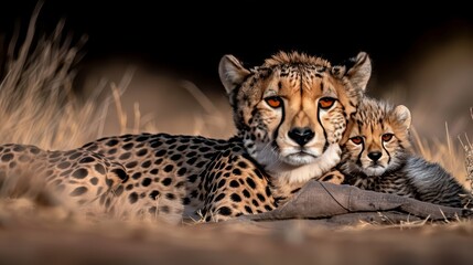 Male cheetah and cub in wildlife portrait with ample space on the left for text placement