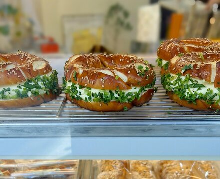 Pretzel, bagel with chives cream cheese on display at the bakery. Korean style
