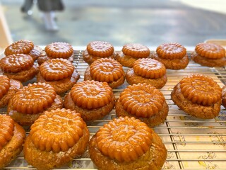 Yakgwa cookies on display at the bakery. Yakgwa is a traditional Korean sweet, and it's usually shaped into some sort of flower design