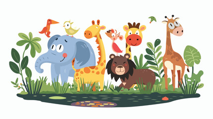 Cartoon funny wild animals in the river flat vector isolated