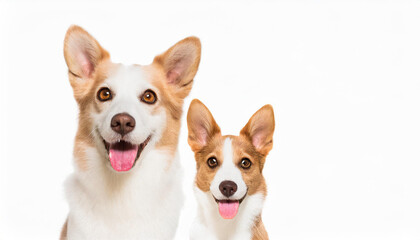 Fototapeta na wymiar dogs peeking over white edge. Web banner. Cute pets. White background.