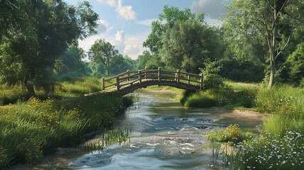 Peaceful countryside scene with a charming wooden bridge over a meandering river.