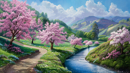 Fototapeta na wymiar Peaceful countryside with a winding river, blooming cherry trees, and distant rolling hills.