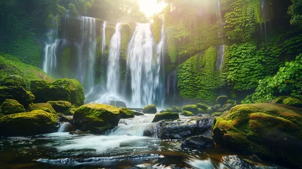 Foto op Plexiglas Picturesque waterfall surrounded by moss-covered rocks in a lush rainforest. © CREATER CENTER