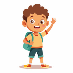 Generate an image of a happy child waving goodbye to their parents, ready for school, with a school bag 
