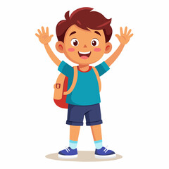 Generate an image of a happy child waving goodbye to their parents, ready for school, with a school bag 