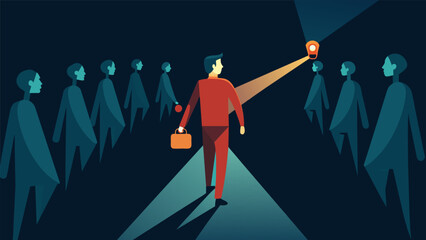A person holding a flashlight and leading a group of people through a dark and unknown path demonstrating the trust and reliance that followers
