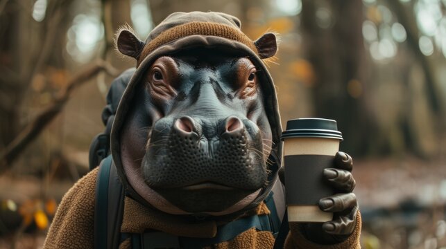 A hippo wearing a hoodie and holding coffee in hand, AI