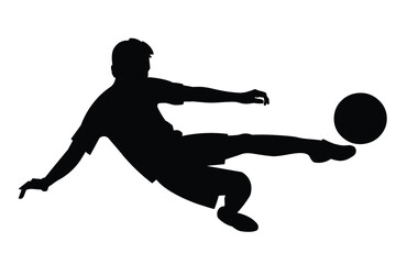 Fototapeta na wymiar Isolated boy silhouette of a school football player jumps to hit the ball