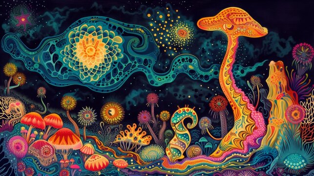 A psychedelic painting of a mushroom and flowers in the night, AI