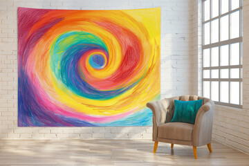 A large canvas showcasing an abstract oil pastel painting with vibrant, swirling colors, displayed...