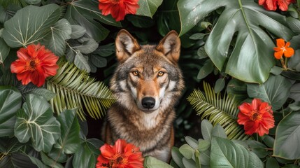 Fototapeta premium A wolf is surrounded by red and green leaves in a picture frame, AI