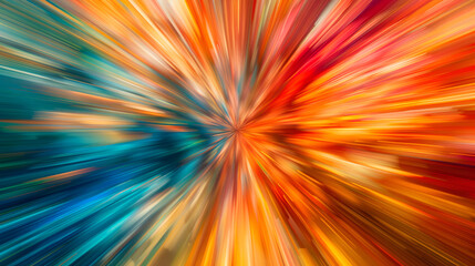 Abstract surface of radial blur zoom in blue, pink, green and orange tones. Blurred multicolored background with radial, diverging, converging lines ,Bands of color receding to a small point