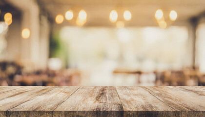Empty wooden table with blur rustic bar restaurant cafe background