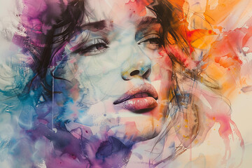 A flowing watercolor meandering over the contours of a female portrait, creating a sense of fluidity and grace in the artwork.