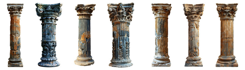 Ancient Greek pillar set PNG. Ancient Greek column PNG. Tall Ancient Greek pillar isolated. Doric column PNG. Ionic column PNG. Corinthian column png. Ancient Greek architecture - obrazy, fototapety, plakaty