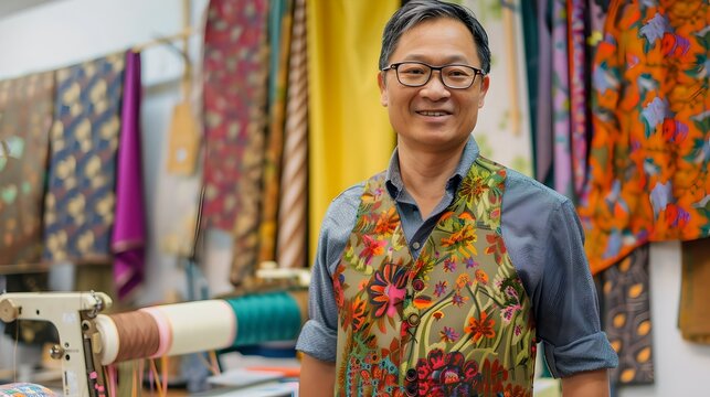 Creative Fashion Designer Stands Proud in Colorful Textile Shop. Fabric Variety Inspires New Trends. Smiling Artisan in Workshop. AI