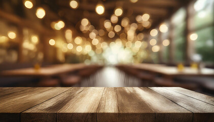 Empty wooden table with blur rustic bar restaurant cafe background