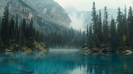 Pristine turquoise lake surrounded by towering evergreen trees and rugged mountains. - obrazy, fototapety, plakaty