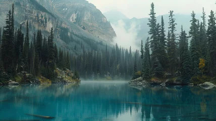 Foto auf Glas Pristine turquoise lake surrounded by towering evergreen trees and rugged mountains. © CREATER CENTER
