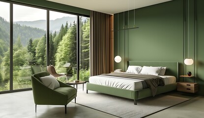 Modern bedroom interior with green walls, bed and armchair near window with view on forest landscape