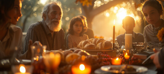 Jewish happy family have a dinner with candles and challah bread on the table, blurry evening sunset background. Traditional Jewish holiday concept. Generative ai